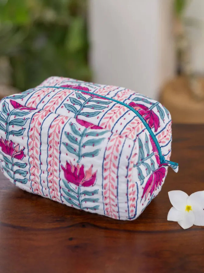 Lotus Love Block Print Cotton Travel Case