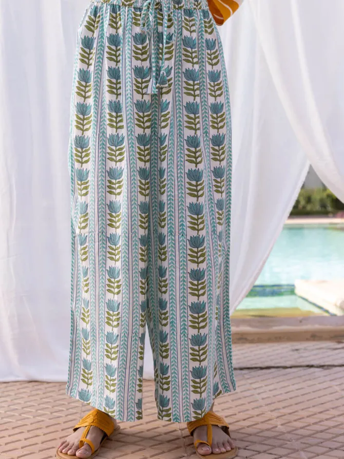 Lotus Meadow Slub Hand Block Print Palazzo Pants