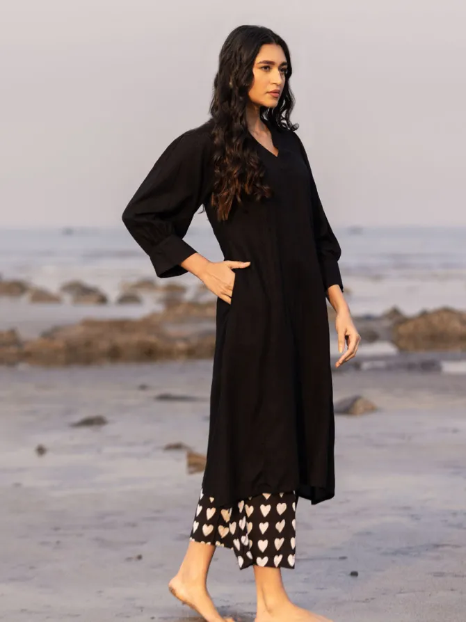 Malang Solid Black Slub Long Kurta