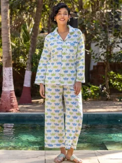 Navy Hand Block Printed Cotton Pyjama Set