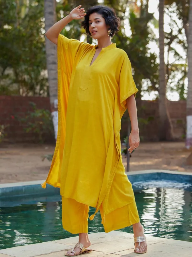 One Day Solid Yellow Kaftan Kurta