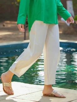 Pearl White Cotton Pleated Pants