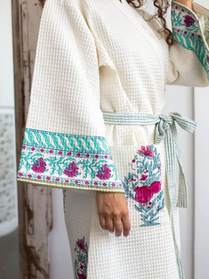 Pinar Waffle Block Printed Cotton Bath Robe