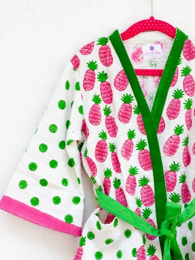 Pineapple Melody Block Printed Waffle Cotton Bath Robe