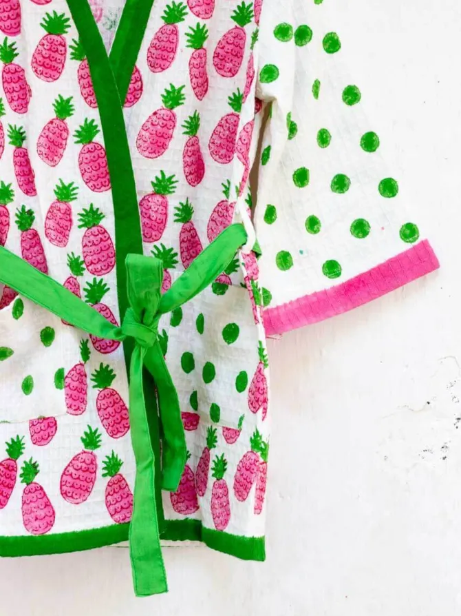 Pineapple Melody Block Printed Waffle Cotton Bath Robe
