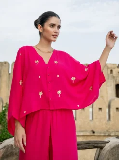 Pink Embroidered Modal Poncho Top