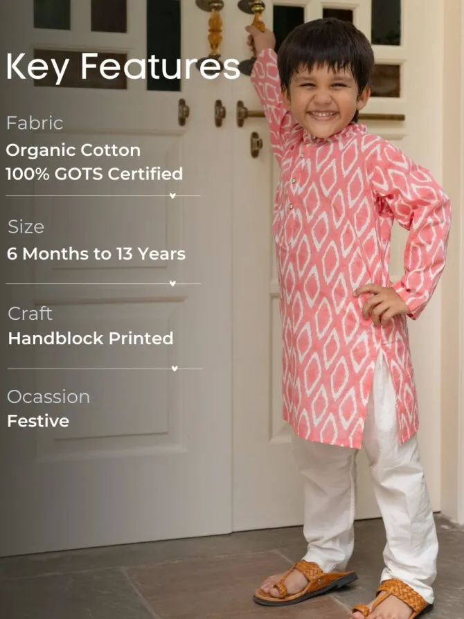 Pink Ikat Organic Cotton Block Printed Long Kurta