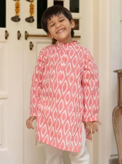 Pink Ikat Organic Cotton Block Printed Long Kurta