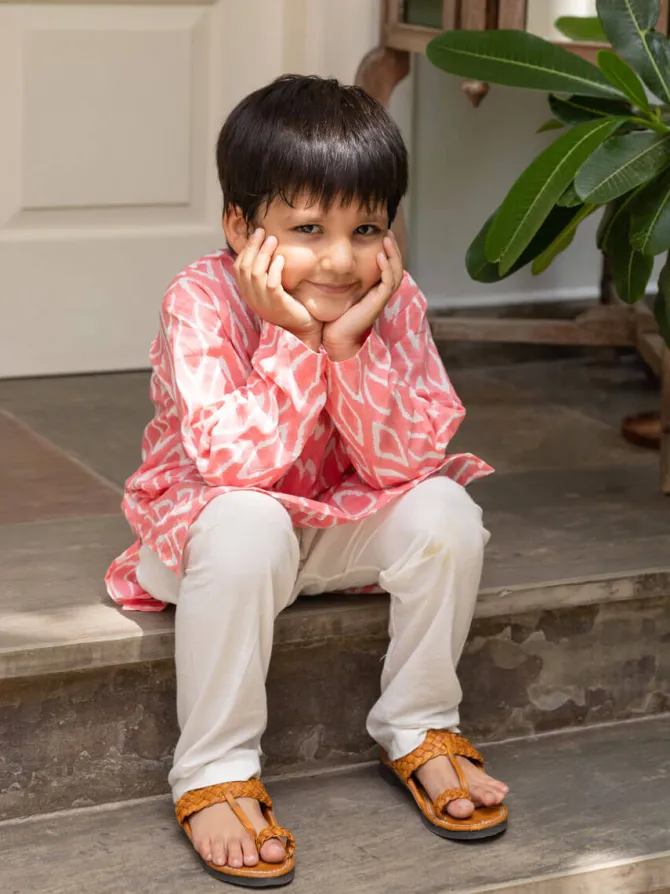 Pink Ikat Organic Cotton Block Printed Long Kurta
