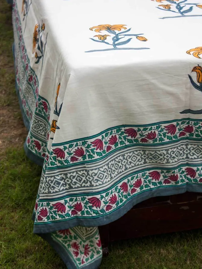 Pookalam Floral Block Printed Cotton Bedsheet