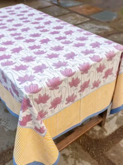 Purple Lotus Block Printed Cotton Table Cover