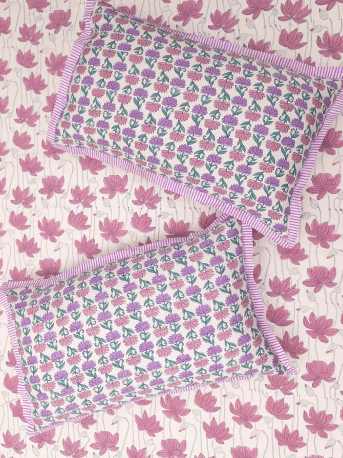 Purple Lotus Hand Block Printed Cotton Bed Sheet