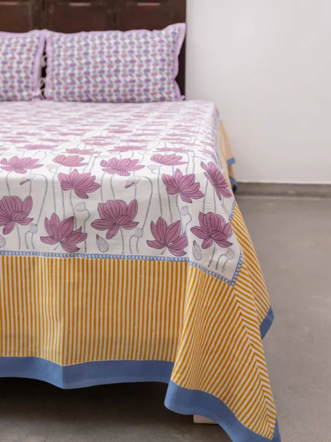 Purple Lotus Hand Block Printed Cotton Bed Sheet