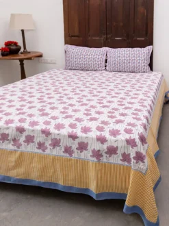Purple Lotus Hand Block Printed Cotton Bed Sheet