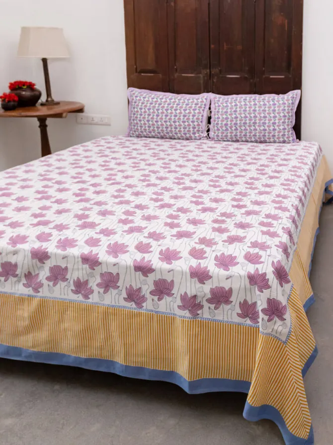 Purple Lotus Hand Block Printed Cotton Bed Sheet