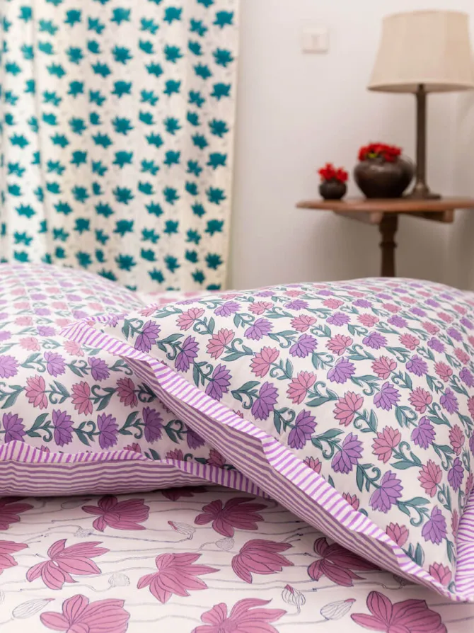 Purple Lotus Hand Block Printed Cotton Bed Sheet