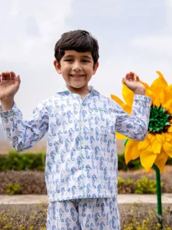 Seahorse Block Printed Cotton Top & Pyjama Set