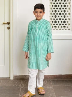 Set of 3 - Adwait Organic Cotton Block Printed Long Kurta with Jacket