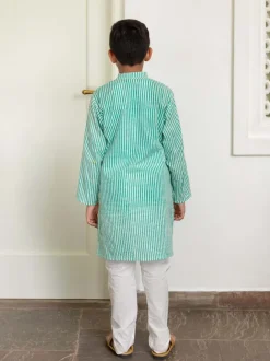 Set of 3 - Adwait Organic Cotton Block Printed Long Kurta with Jacket