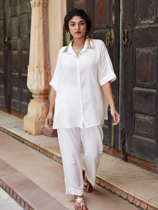 Set of 2 - Beverly Sequined White Shirt and Trousers