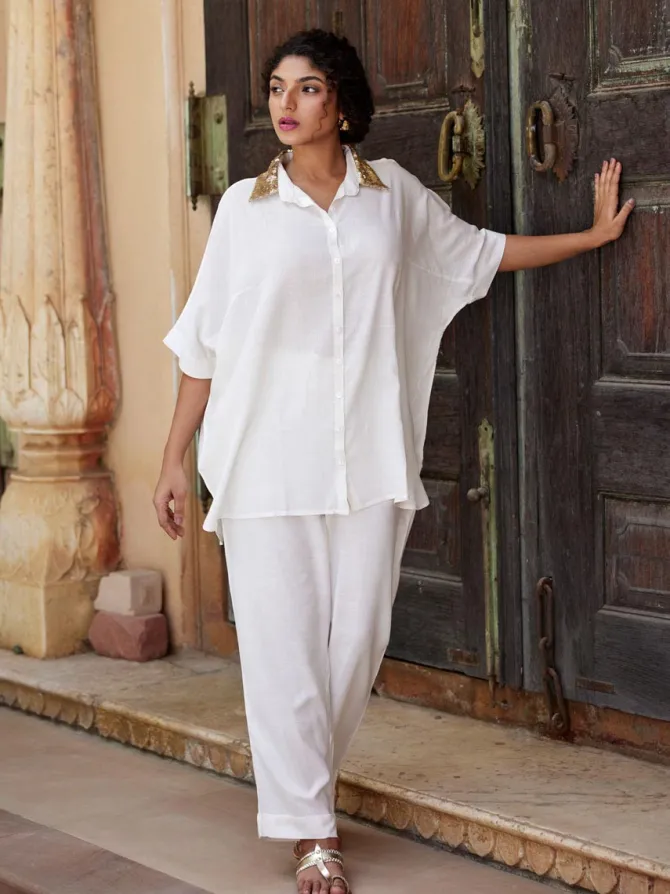 Set of 2 - Beverly Sequined White Shirt and Trousers