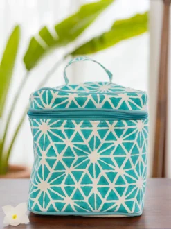 Set of 2 - Blue Star Block Printed Vanity Case and Travel Pouch