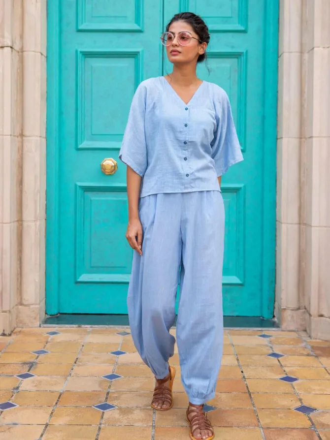 Set of 2 - Evening Sky Cotton Slub Short Top & Lantern Pants Set