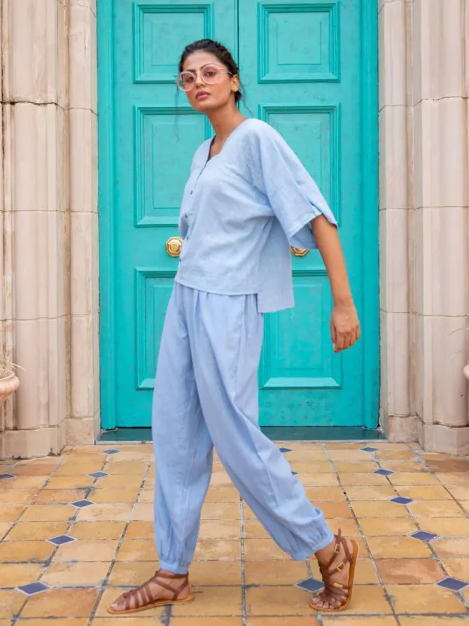 Set of 2 - Evening Sky Cotton Slub Short Top & Lantern Pants Set