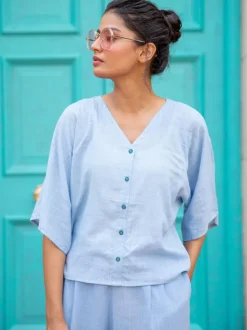 Set of 2 - Evening Sky Cotton Slub Short Top & Lantern Pants Set