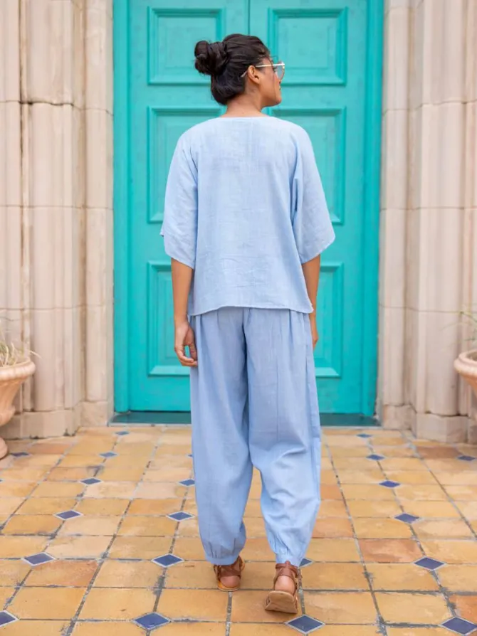 Set of 2 - Evening Sky Cotton Slub Short Top & Lantern Pants Set