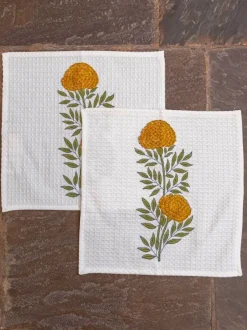 Set of 2 - Golden Bloom Block Printed Face Towels