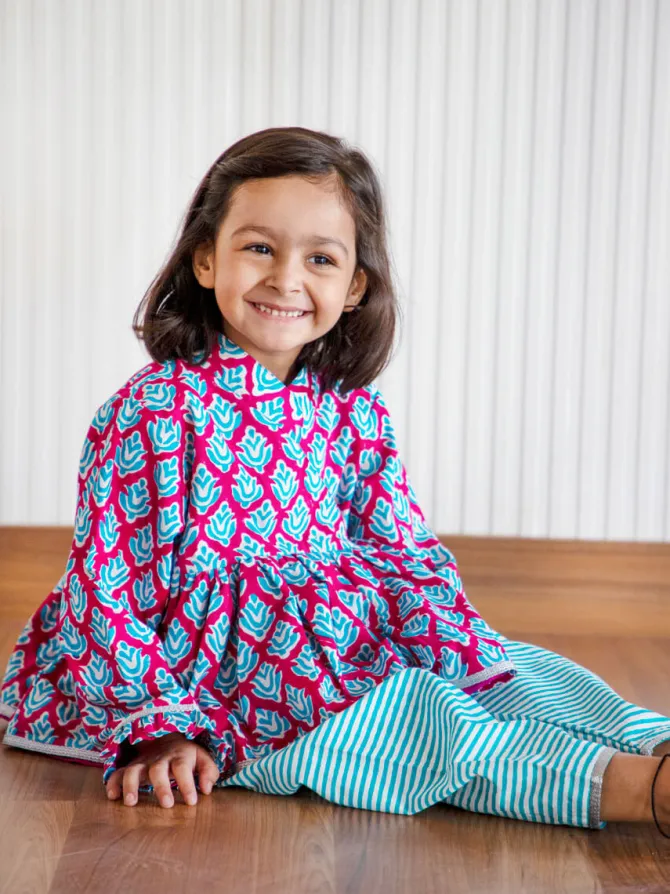 Set of 2 - Gulaabi Block Printed Cotton Angrakha Dhoti