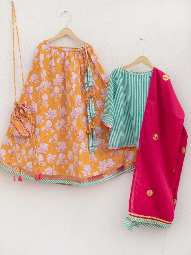 Set of 3 - Kashish Block Printed Cotton Lehanga