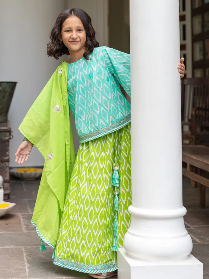 Set of 3 - Lilly Block Printed Cotton Lehanga