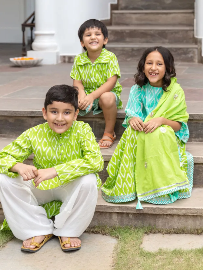 Set of 3 - Lilly Block Printed Cotton Lehanga