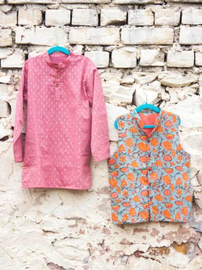 Set of 3 - Nihaar Block Printed Kurta With Jacket