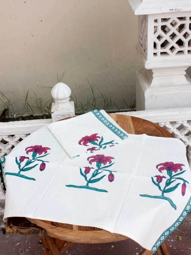 Set of 2 - Onam Floral Block Printed Waffle Hand Towels