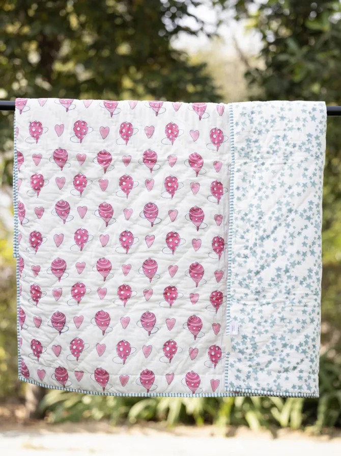 Set of 5 - Pink Romance Block Printed Bedding Set For Kids
