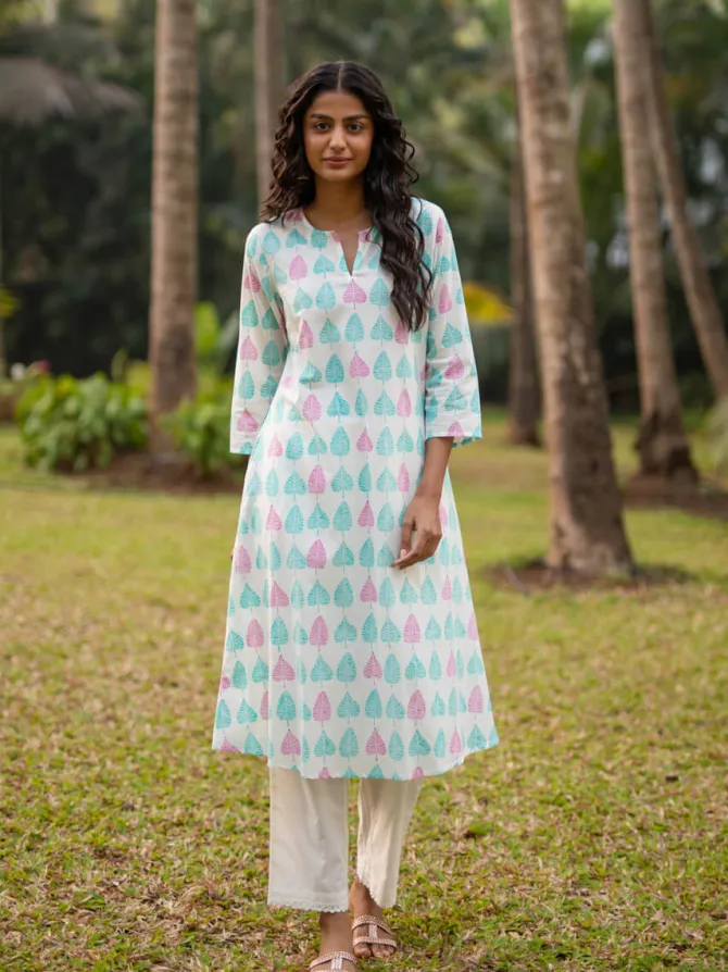 Set of 2 -Aesha Cotton Long Kurta With Pants