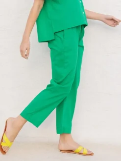 Solid Green Cotton Folded Pants