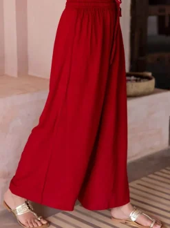 Solid Red Slub Palazzo Pants
