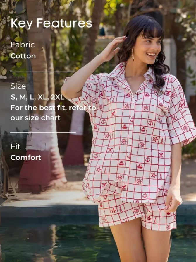 Starfish Hand Block Printed Cotton Pyjama Set