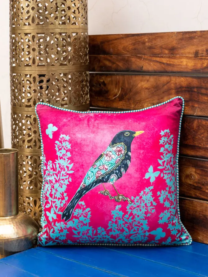 Sunheri Chidiya Cotton Cushion Cover - 16 Inch