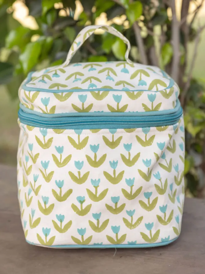 Tiny Tulip Block Printed Cotton Travel Vanity Case