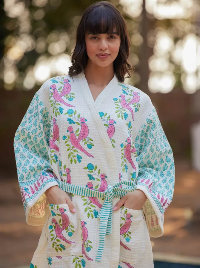 Tota Rani Block Printed Waffle Cotton Bath Robe
