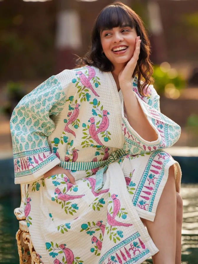 Tota Rani Block Printed Waffle Cotton Bath Robe