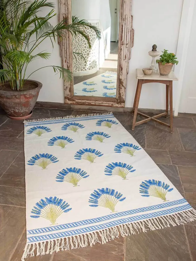 Travelers Palm Block Printed Cotton Dhurrie Rug