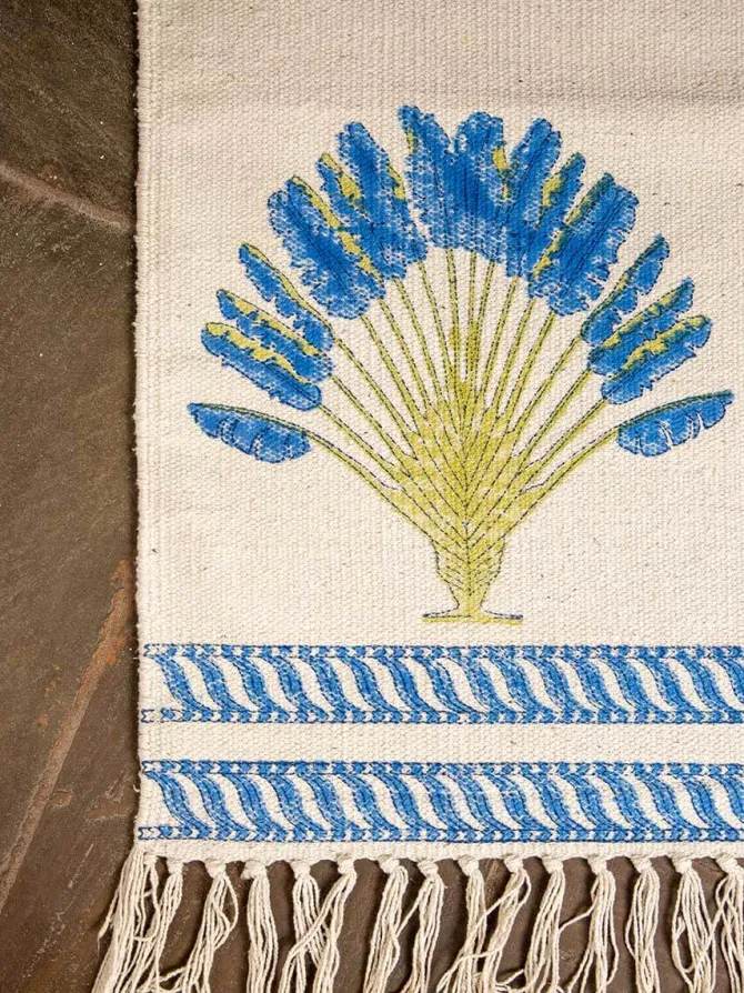 Travelers Palm Block Printed Cotton Dhurrie Rug