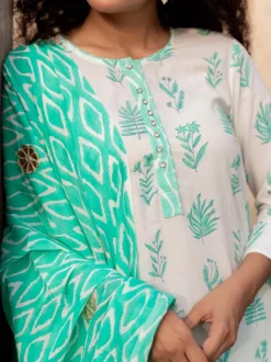 Turquoise Ikat Block Printed Mulmul Dupatta