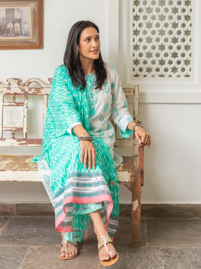 Turquoise Ikat Block Printed Mulmul Dupatta
